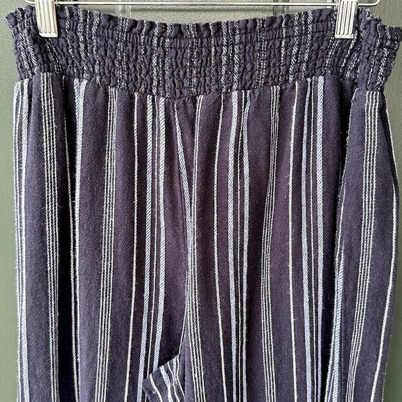 Ellen Tracy Linen Wide Leg Full Length Pants Sz M Navy w/ Stripes Lagenlook Easy - Picture 1 of 5